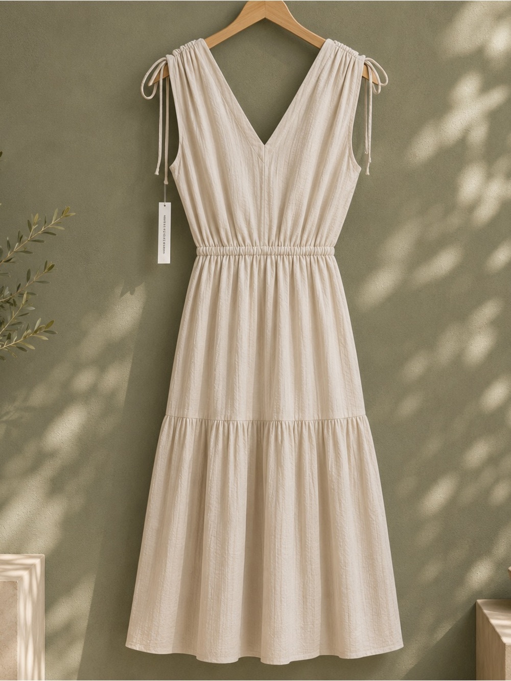 Sleeveless V-Neck Tiered Maxi Dress in Light Beige - Picture 6 of 7
